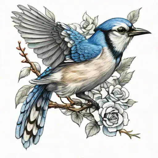 bluejay taking flight holding flowers growing tattoo design idea