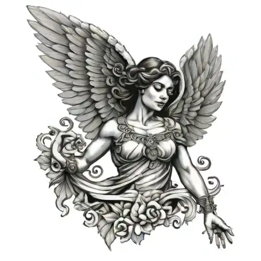 greek tatto women with wings flying tattoo design idea
