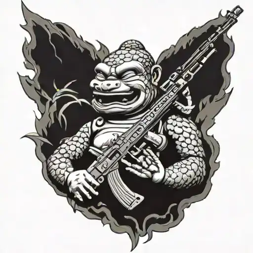 Budda with Ak 47 rifle and alligators hugging one tattoo design idea
