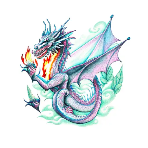 Dragon breathing fire in a magical forest tattoo design idea