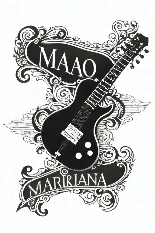 music themed tattoo including a bass guitar and the word "Mariana" tattoo design idea