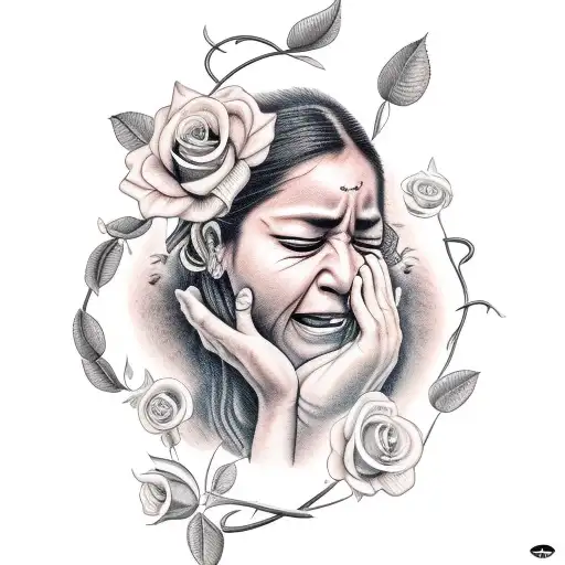 colombian woman crying holding a rose vine  tattoo design idea