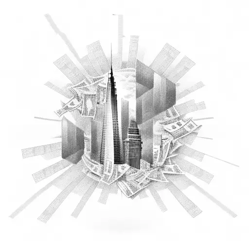 A skyscraper made of dollar bills with music notes as windows tattoo design idea