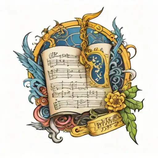 final fantasy x logo with sheet music surrounding it tattoo design idea