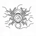 Combine the elements of a scorpion, a crab, and the sun and moon in a celestial-themed black-grey tattoo tattoo design idea