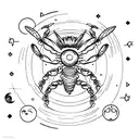 Combine the elements of a scorpion, a crab, and the sun and moon in a celestial-themed black-grey tattoo tattoo design idea