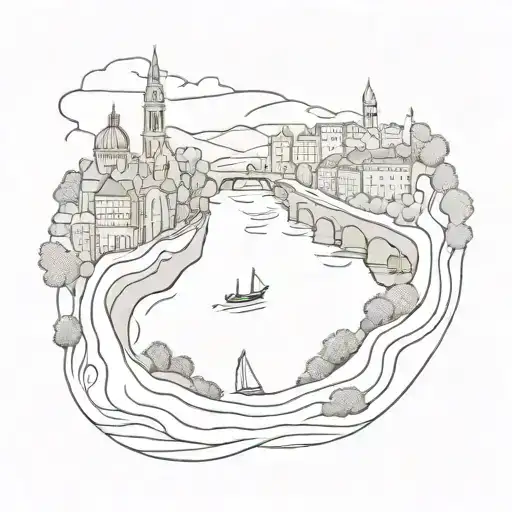 Can you please generate an image of an abstract tattoo sketch of The river patterns of river in london, paris, Rome And  tattoo design idea