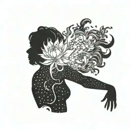silhouette of a girl blazing in fire and reaching for a flower tattoo design idea