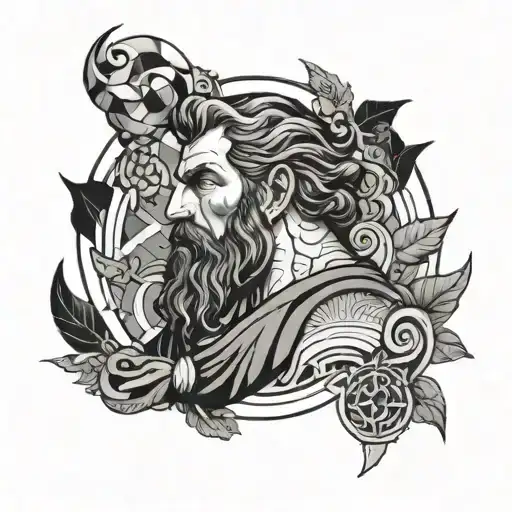 hephaestus with geometric background black and white tattoo design idea