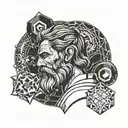 hephaestus with geometric background black and white tattoo design idea