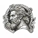 hephaestus with geometric background black and white tattoo design idea