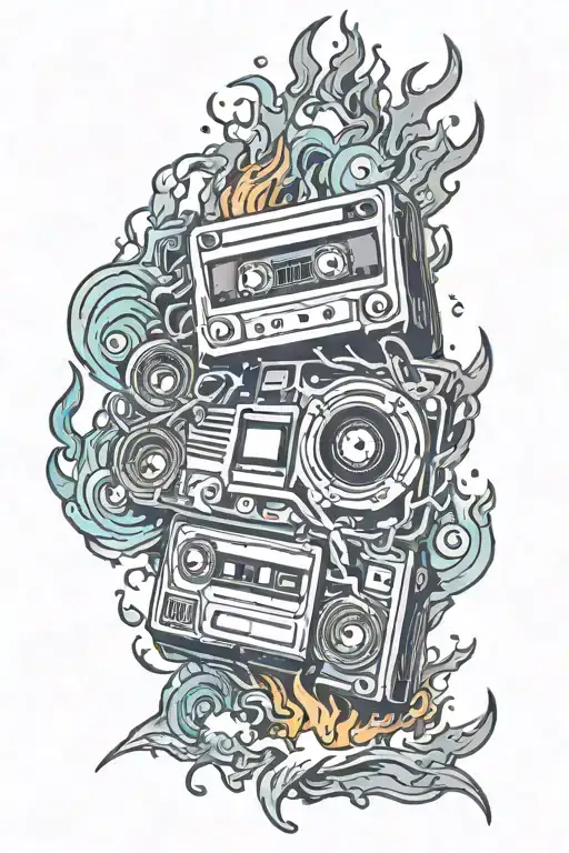 cassette tape bursting into flames tattoo design idea