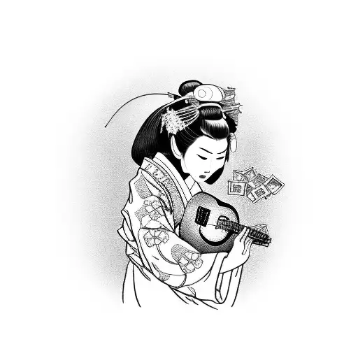 A Japanese geisha holding a guitar with money falling from her kimono tattoo design idea