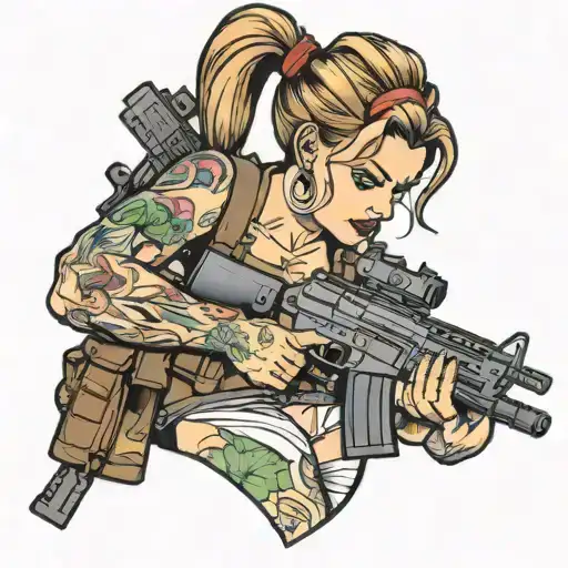 woman pooping while holding an assault rifle. tattoo tattoo design idea