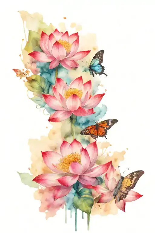 lotus flowers and butterflies flying tattoo design idea