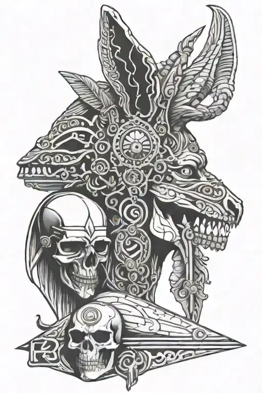 skull and anubis and eye of horus  tattoo design idea