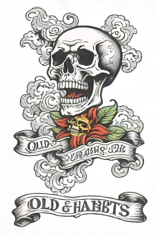 a drawing of a skull with the mouth open surrounded by smoke/clouds and banners saying "old habits die screaming" tattoo design idea