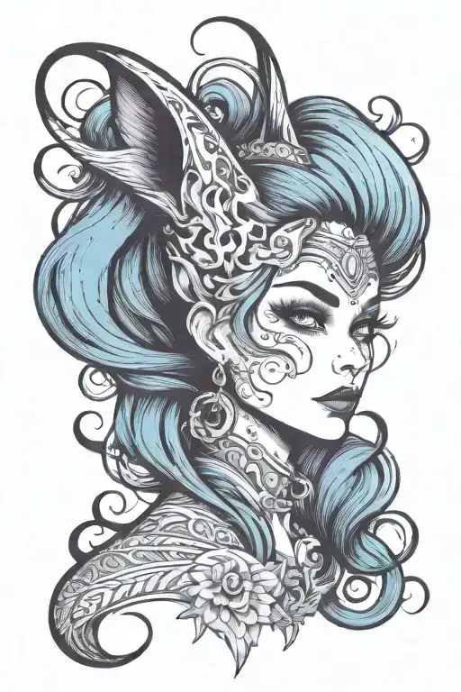 slender vixen cartoon fox long tail long lashes seductive tattoo design idea