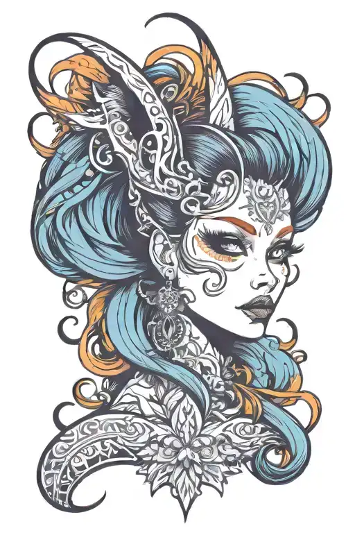 slender vixen fox long tail long lashes seductive tattoo design idea