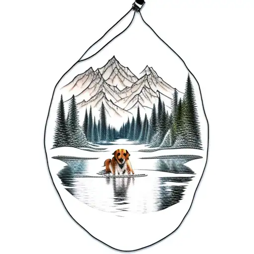 a dog standing by a lake with a forrest around it with mountain in the background inside a kite shape tattoo design idea