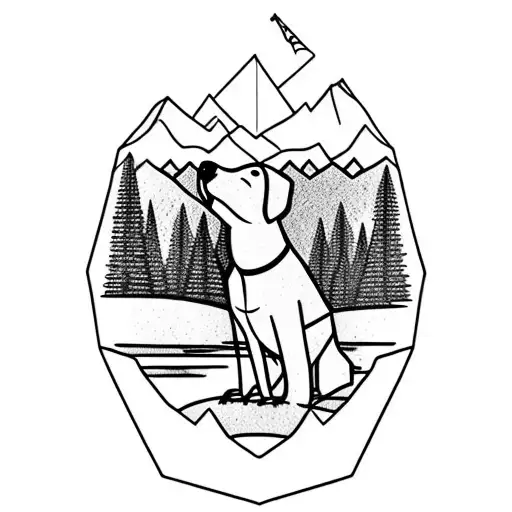 a dog standing by a lake with a forrest around it with mountain in the background inside a kite shape tattoo design idea