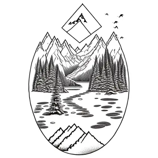 a dog standing by a lake with a forrest around it with mountain in the background inside a kite shape tattoo design idea