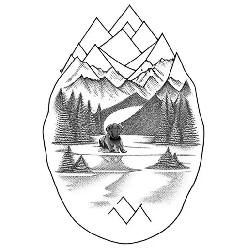 a dog standing by a lake with a forrest around it with mountain in the background inside a kite shape tattoo design idea