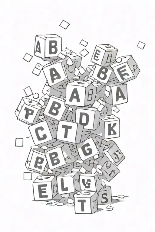 falling letter blocks body black and white tattoo design idea