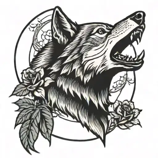 rose wolf howling at the moon tattoo design idea