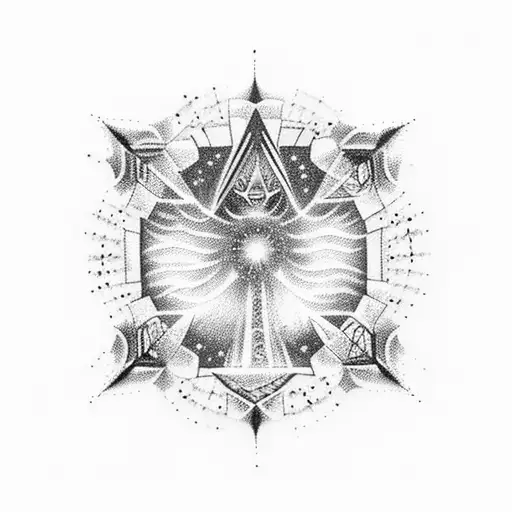 A blackwork tattoo of a praying hands silhouette with a radiant starry sky inside, symbolizing the client's devotion to God and their love for stargazing. tattoo design idea