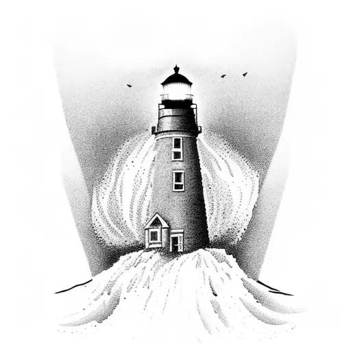 A dotwork tattoo of a lighthouse standing tall amidst crashing waves, representing the client's passion for both traveling and being guided by their faith. tattoo design idea