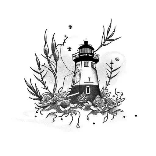 lighthouse with 4 roses and a compass  tattoo design idea