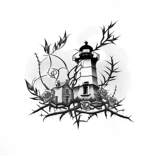 light house wrapped in thorns and 4 roses tattoo design idea