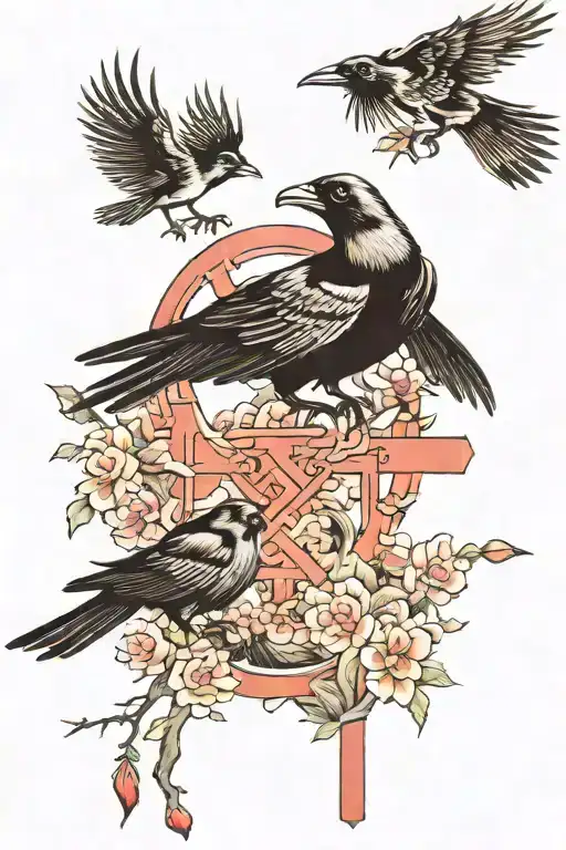 crows and doves flying around cross  tattoo design idea