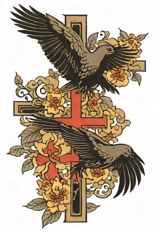 crow and doves flying around cross tattoo design idea