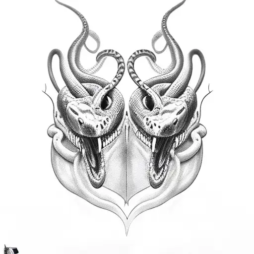 knife positioned piercing the heads of two snakes. The snakes bytes each other  tattoo design idea