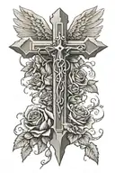 crumbling stone cross with angel wings a sword and 3 roses tattoo design idea