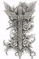 crumbling stone cross with angel wings a sword and 3 roses tattoo design idea