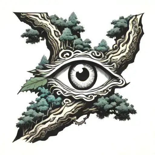 big eye in middle of forest landscape tattoo design idea