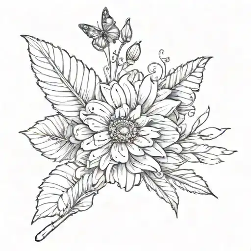 a tattoo with flower stem with the name sara a gerber daisy flower with a butterfly and a feather  tattoo design idea