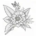 a tattoo with flower stem with the name sara a gerber daisy flower with a butterfly and a feather  tattoo design idea