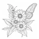 a tattoo with flower stem with the name sara a gerber daisy flower with a butterfly and a feather  tattoo design idea