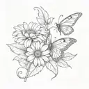 a tattoo with flower stem with the name sara a gerber daisy flower with a butterfly and a feather  tattoo design idea