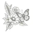 a tattoo with flower stem with the name sara a gerber daisy flower with a butterfly and a feather  tattoo design idea