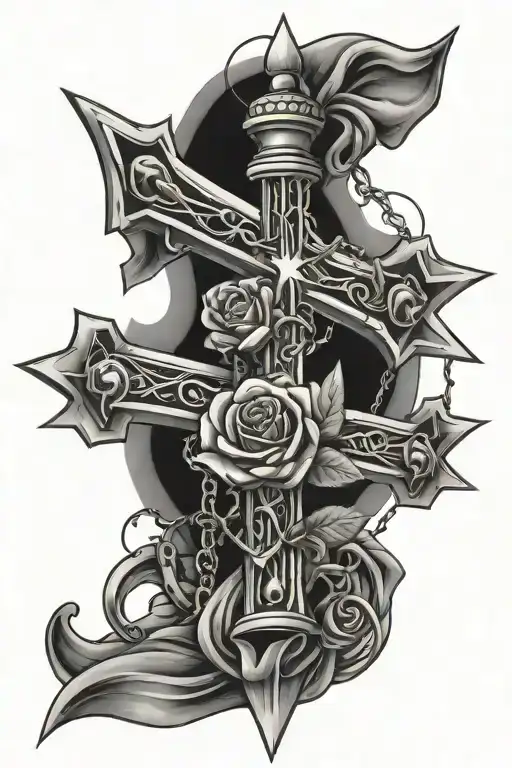 cross, sword, barbed wire, rose, star, planets tattoo design idea