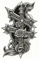 cross, sword, barbed wire, rose, star, planets tattoo design idea