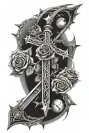 cross, sword, barbed wire, rose, star, planets tattoo design idea