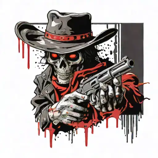 undead cowboy with a revolver facing left tattoo design idea