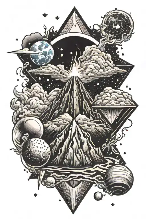 an erupting volcano with an outer space background with planets in two diamonds tattoo design idea