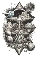 an erupting volcano with an outer space background with planets in two diamonds tattoo design idea
